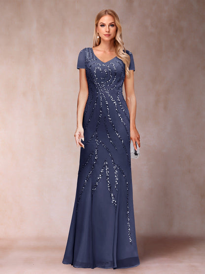Etui-/Säulen-Kleid mit V-Ausschnitt und bodenlangem Brautmutterkleid mit Jacke und Pailletten