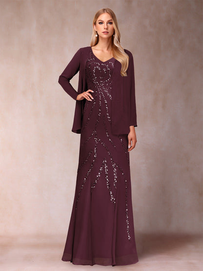 Etui-/Säulen-Kleid mit V-Ausschnitt und bodenlangem Brautmutterkleid mit Jacke und Pailletten