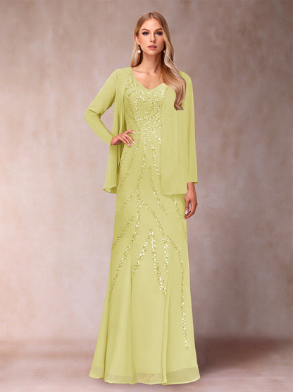 Etui-/Säulen-Kleid mit V-Ausschnitt und bodenlangem Brautmutterkleid mit Jacke und Pailletten