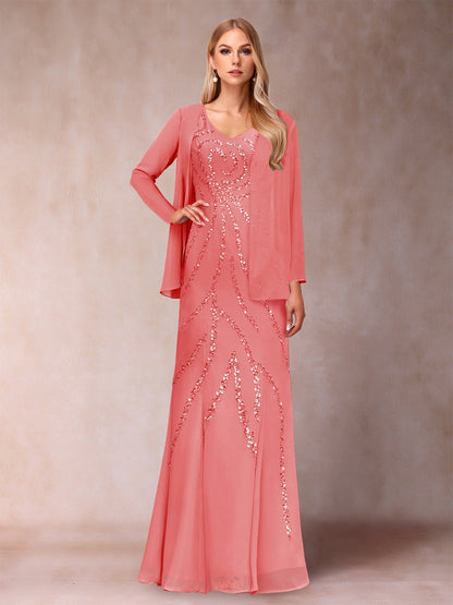 Etui-/Säulen-Kleid mit V-Ausschnitt und bodenlangem Brautmutterkleid mit Jacke und Pailletten