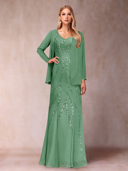 Etui-/Säulen-Kleid mit V-Ausschnitt und bodenlangem Brautmutterkleid mit Jacke und Pailletten