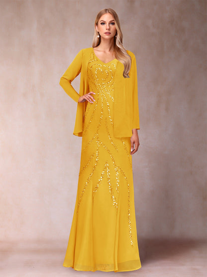 Etui-/Säulen-Kleid mit V-Ausschnitt und bodenlangem Brautmutterkleid mit Jacke und Pailletten