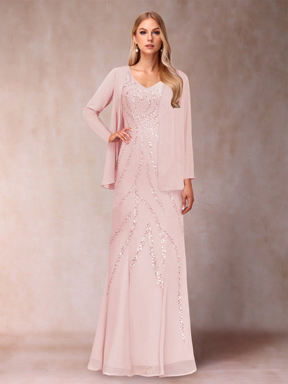 Etui-/Säulen-Kleid mit V-Ausschnitt und bodenlangem Brautmutterkleid mit Jacke und Pailletten