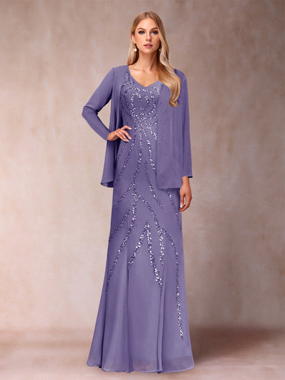 Etui-/Säulen-Kleid mit V-Ausschnitt und bodenlangem Brautmutterkleid mit Jacke und Pailletten