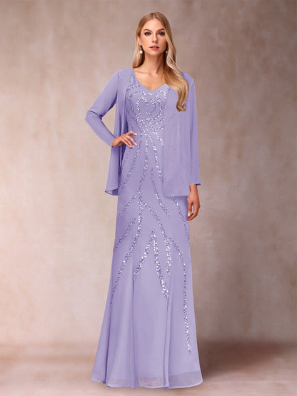 Etui-/Säulen-Kleid mit V-Ausschnitt und bodenlangem Brautmutterkleid mit Jacke und Pailletten