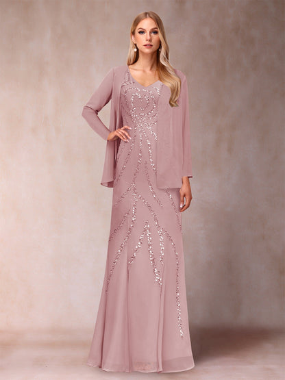 Etui-/Säulen-Kleid mit V-Ausschnitt und bodenlangem Brautmutterkleid mit Jacke und Pailletten