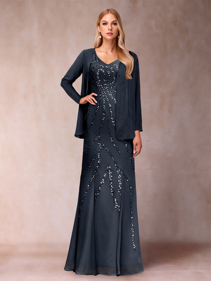 Etui-/Säulen-Kleid mit V-Ausschnitt und bodenlangem Brautmutterkleid mit Jacke und Pailletten
