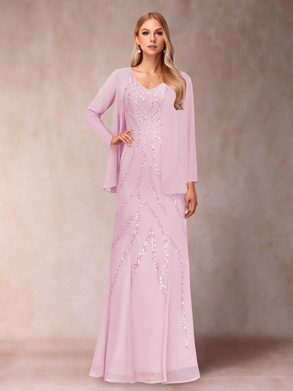 Etui-/Säulen-Kleid mit V-Ausschnitt und bodenlangem Brautmutterkleid mit Jacke und Pailletten