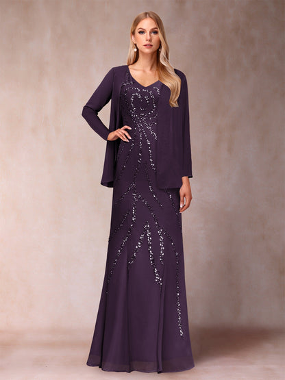 Etui-/Säulen-Kleid mit V-Ausschnitt und bodenlangem Brautmutterkleid mit Jacke und Pailletten