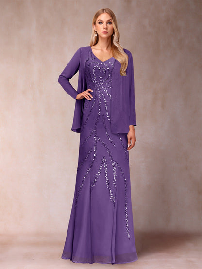 Etui-/Säulen-Kleid mit V-Ausschnitt und bodenlangem Brautmutterkleid mit Jacke und Pailletten