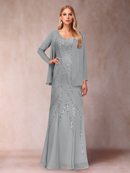 Etui-/Säulen-Kleid mit V-Ausschnitt und bodenlangem Brautmutterkleid mit Jacke und Pailletten