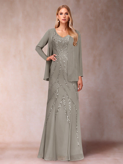 Etui-/Säulen-Kleid mit V-Ausschnitt und bodenlangem Brautmutterkleid mit Jacke und Pailletten