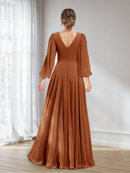 A-Linie/Princess-Linie V-Ausschnitt Lange Ärmel Chiffon Lange Brautjungfernkleider mit Taschen