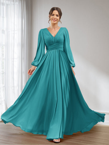 A-Linie/Princess-Linie V-Ausschnitt Lange Ärmel Chiffon Lange Brautjungfernkleider mit Taschen