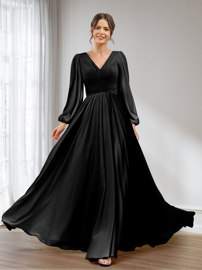 A-Linie/Princess-Linie V-Ausschnitt Lange Ärmel Chiffon Lange Brautjungfernkleider mit Taschen