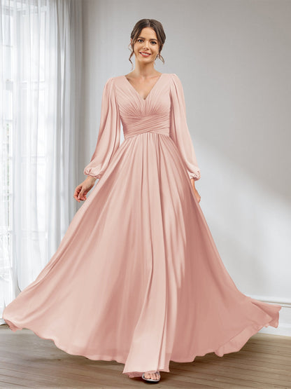 A-Linie/Princess-Linie V-Ausschnitt Lange Ärmel Chiffon Lange Brautjungfernkleider mit Taschen