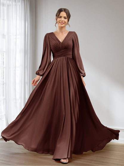 A-Linie/Princess-Linie V-Ausschnitt Lange Ärmel Chiffon Lange Brautjungfernkleider mit Taschen