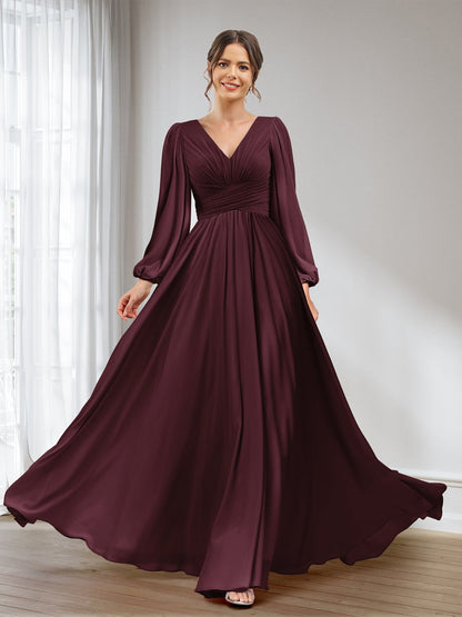 A-Linie/Princess-Linie V-Ausschnitt Lange Ärmel Chiffon Lange Brautjungfernkleider mit Taschen