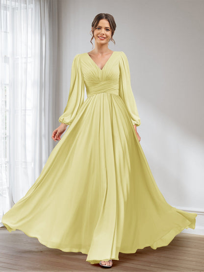 A-Linie/Princess-Linie V-Ausschnitt Lange Ärmel Chiffon Lange Brautjungfernkleider mit Taschen