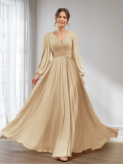 A-Linie/Princess-Linie V-Ausschnitt Lange Ärmel Chiffon Lange Brautjungfernkleider mit Taschen