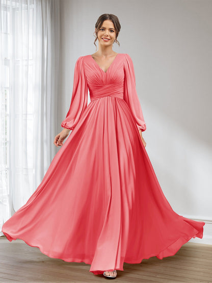 A-Linie/Princess-Linie V-Ausschnitt Lange Ärmel Chiffon Lange Brautjungfernkleider mit Taschen