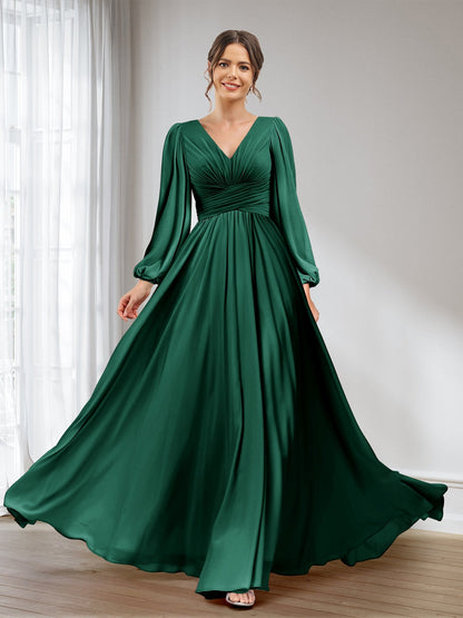 A-Linie/Princess-Linie V-Ausschnitt Lange Ärmel Chiffon Lange Brautjungfernkleider mit Taschen