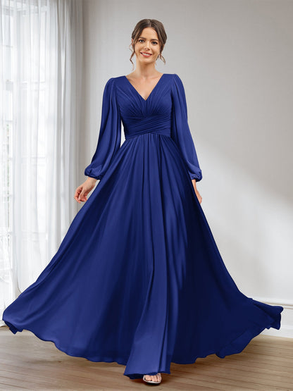 A-Linie/Princess-Linie V-Ausschnitt Lange Ärmel Chiffon Lange Brautjungfernkleider mit Taschen