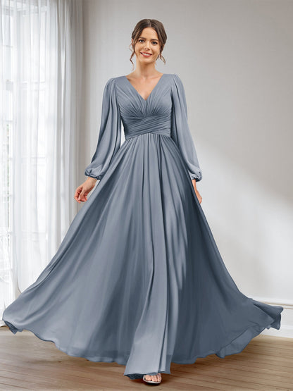 A-Linie/Princess-Linie V-Ausschnitt Lange Ärmel Chiffon Lange Brautjungfernkleider mit Taschen