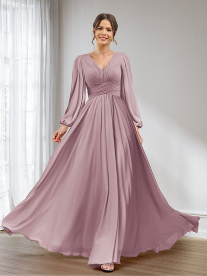 A-Linie/Princess-Linie V-Ausschnitt Lange Ärmel Chiffon Lange Brautjungfernkleider mit Taschen