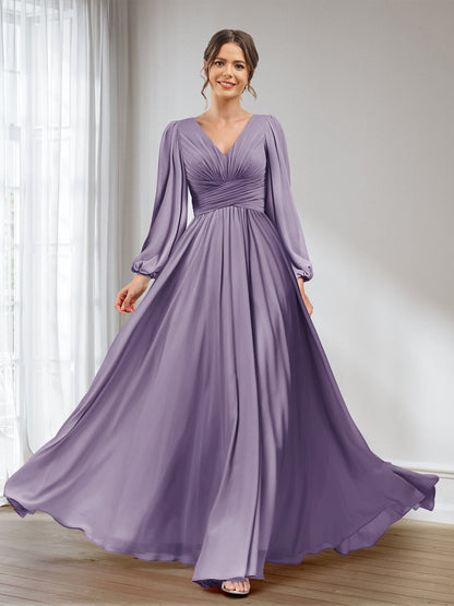 A-Linie/Princess-Linie V-Ausschnitt Lange Ärmel Chiffon Lange Brautjungfernkleider mit Taschen