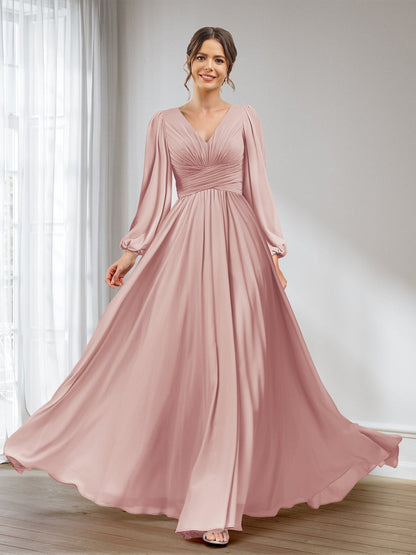 A-Linie/Princess-Linie V-Ausschnitt Lange Ärmel Chiffon Lange Brautjungfernkleider mit Taschen