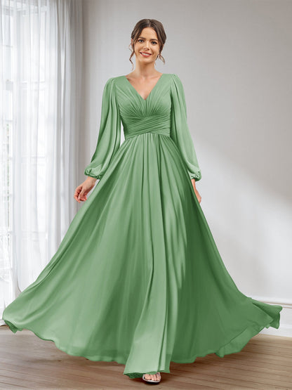 A-Linie/Princess-Linie V-Ausschnitt Lange Ärmel Chiffon Lange Brautjungfernkleider mit Taschen