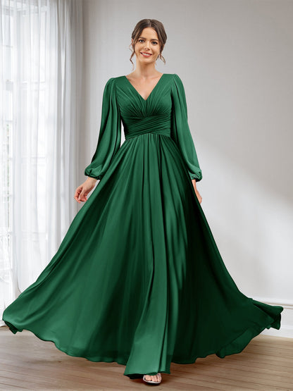 A-Linie/Princess-Linie V-Ausschnitt Lange Ärmel Chiffon Lange Brautjungfernkleider mit Taschen