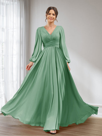 A-Linie/Princess-Linie V-Ausschnitt Lange Ärmel Chiffon Lange Brautjungfernkleider mit Taschen