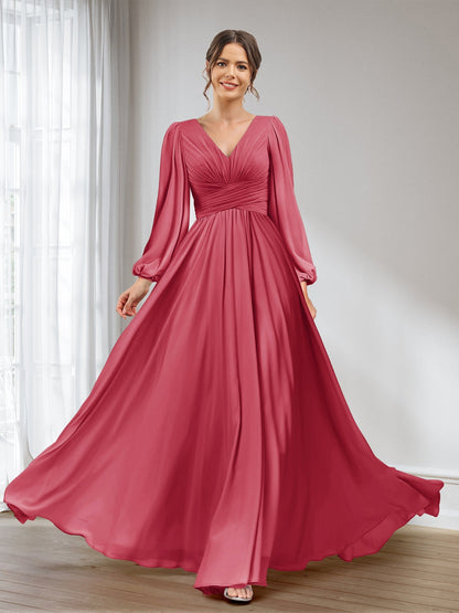 A-Linie/Princess-Linie V-Ausschnitt Lange Ärmel Chiffon Lange Brautjungfernkleider mit Taschen