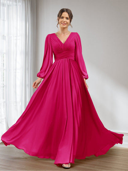 A-Linie/Princess-Linie V-Ausschnitt Lange Ärmel Chiffon Lange Brautjungfernkleider mit Taschen