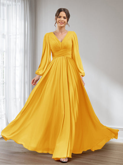 A-Linie/Princess-Linie V-Ausschnitt Lange Ärmel Chiffon Lange Brautjungfernkleider mit Taschen