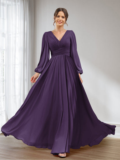 A-Linie/Princess-Linie V-Ausschnitt Lange Ärmel Chiffon Lange Brautjungfernkleider mit Taschen