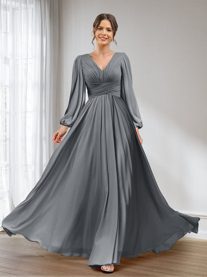 A-Linie/Princess-Linie V-Ausschnitt Lange Ärmel Chiffon Lange Brautjungfernkleider mit Taschen