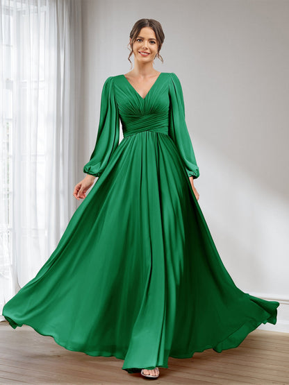 A-Linie/Princess-Linie V-Ausschnitt Lange Ärmel Chiffon Lange Brautjungfernkleider mit Taschen
