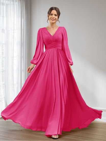 A-Linie/Princess-Linie V-Ausschnitt Lange Ärmel Chiffon Lange Brautjungfernkleider mit Taschen