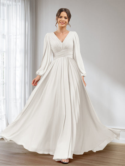 A-Linie/Princess-Linie V-Ausschnitt Lange Ärmel Chiffon Lange Brautjungfernkleider mit Taschen