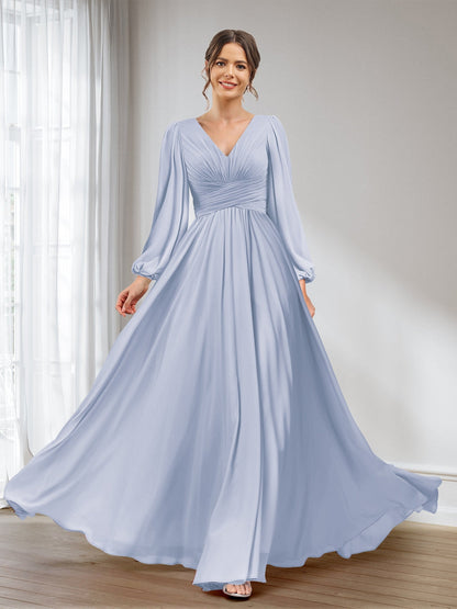 A-Linie/Princess-Linie V-Ausschnitt Lange Ärmel Chiffon Lange Brautjungfernkleider mit Taschen