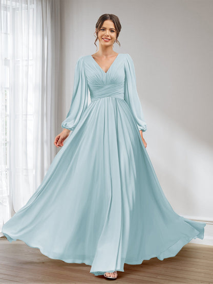 A-Linie/Princess-Linie V-Ausschnitt Lange Ärmel Chiffon Lange Brautjungfernkleider mit Taschen