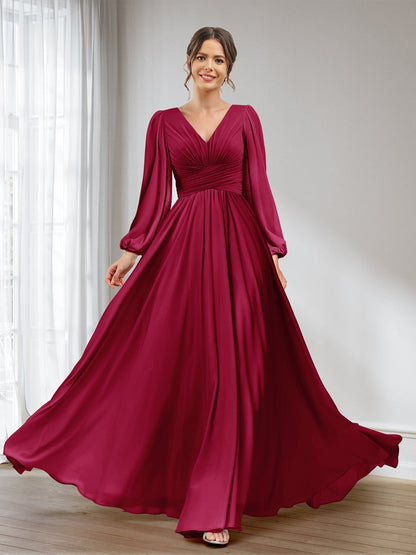 A-Linie/Princess-Linie V-Ausschnitt Lange Ärmel Chiffon Lange Brautjungfernkleider mit Taschen