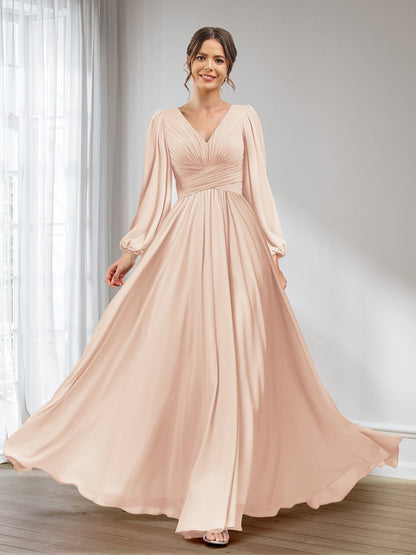 A-Linie/Princess-Linie V-Ausschnitt Lange Ärmel Chiffon Lange Brautjungfernkleider mit Taschen