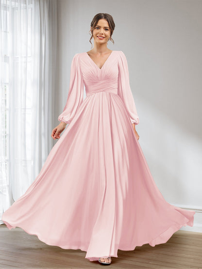 A-Linie/Princess-Linie V-Ausschnitt Lange Ärmel Chiffon Lange Brautjungfernkleider mit Taschen