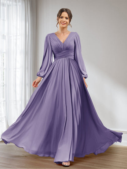 A-Linie/Princess-Linie V-Ausschnitt Lange Ärmel Chiffon Lange Brautjungfernkleider mit Taschen