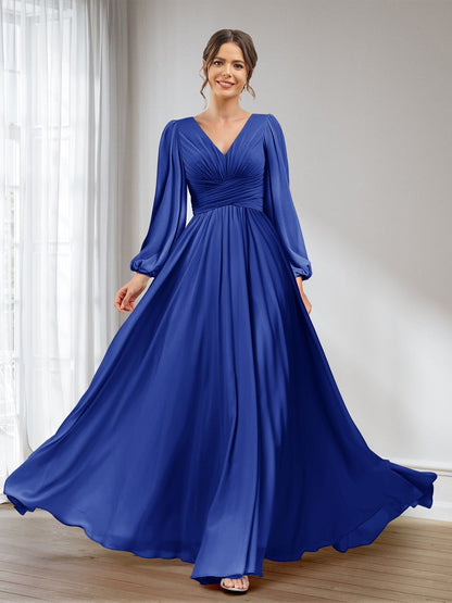 A-Linie/Princess-Linie V-Ausschnitt Lange Ärmel Chiffon Lange Brautjungfernkleider mit Taschen
