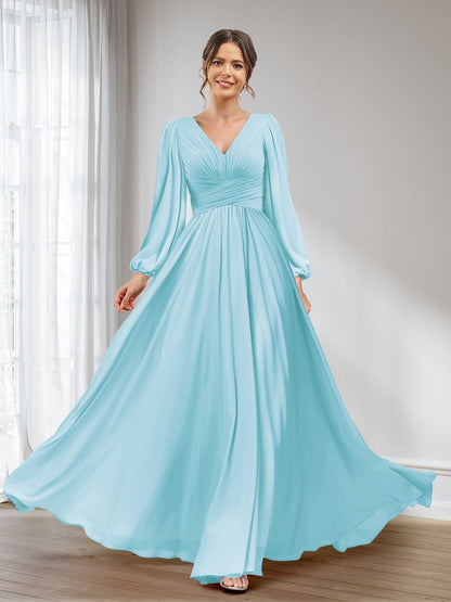 A-Linie/Princess-Linie V-Ausschnitt Lange Ärmel Chiffon Lange Brautjungfernkleider mit Taschen